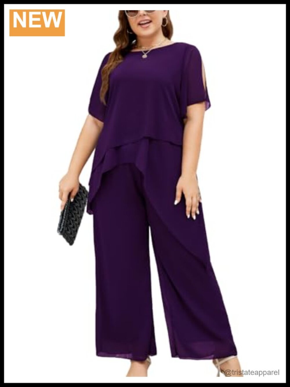 Plus Size Chiffon Pant Suit 2 Piece Set Asymmetric Top Wide Leg Pants Formal